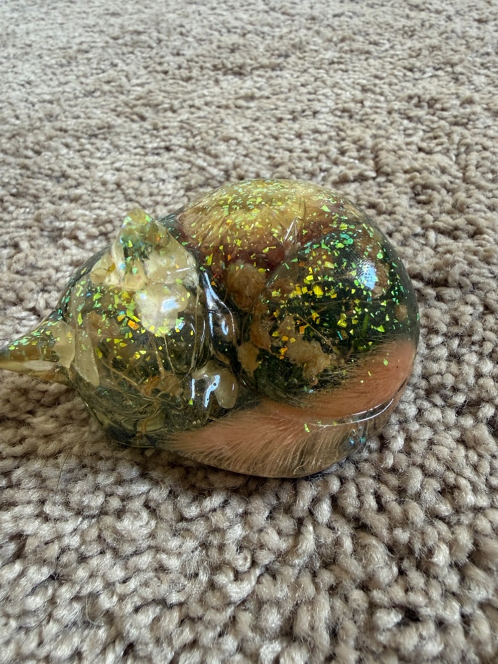 Handmade Resin Sleeping Cat Figurine with Green & Gold Flakes